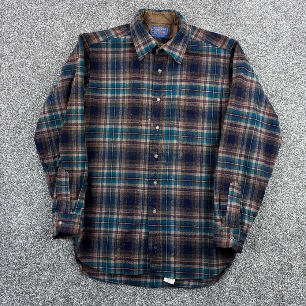 Vintage Pendleton Flannel Shirt Mens M Brown‎ Tartan Plaid Virgin Wool Button Up